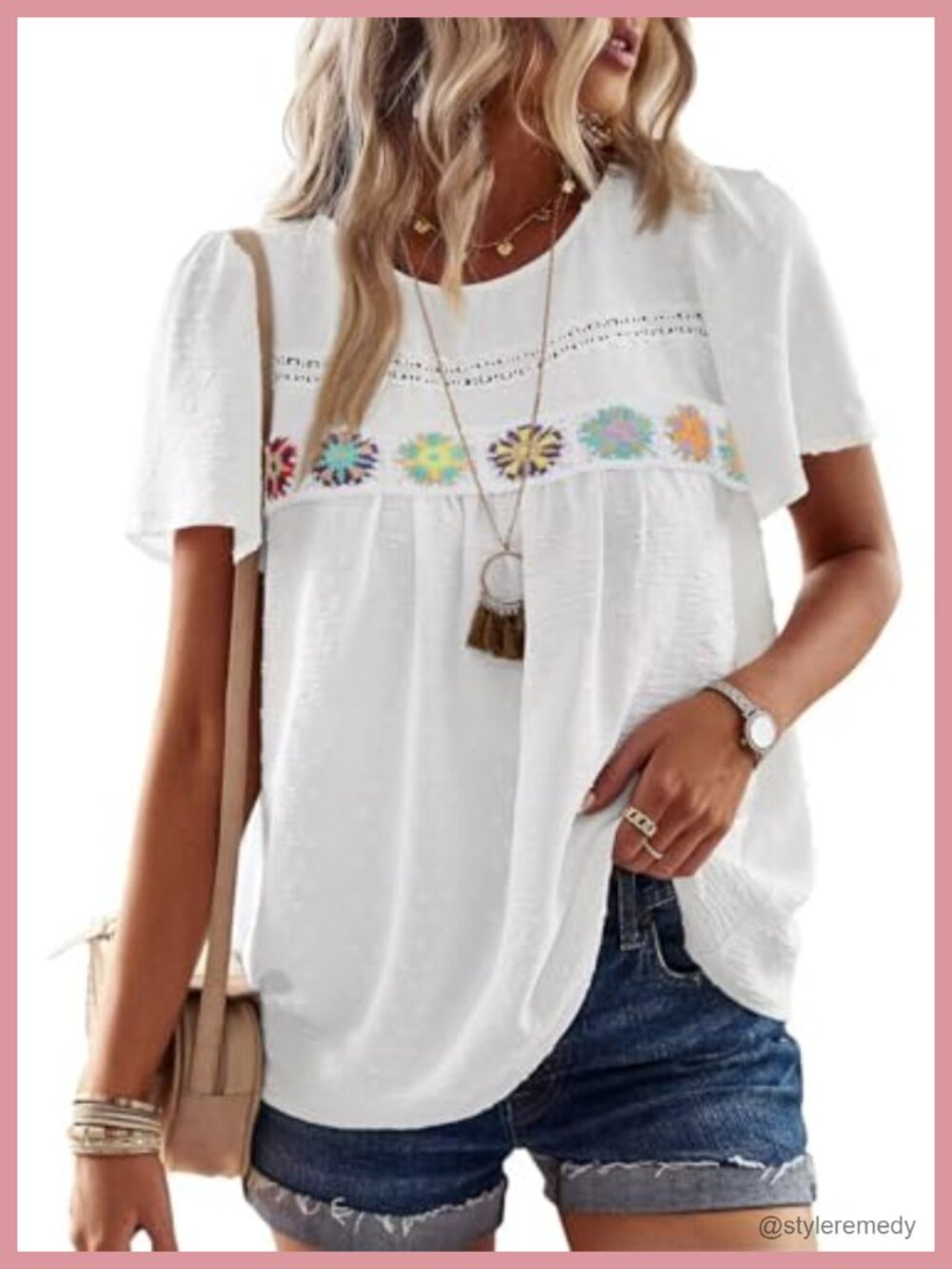 Boho Flowy Peasant Top Short Sleeve Lace Hem Blouse Women's Casual